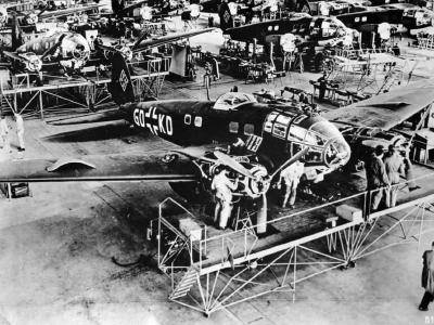Heinkel He 111 planes on assembly line in factory