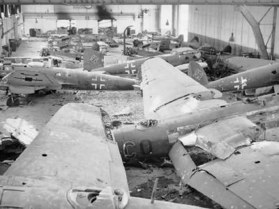 hangar full of wrecked He 111 at Schmarbeck April 1945