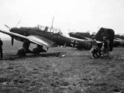 Ju87 B Stuka dive bombers parked landing on an improvised airfield