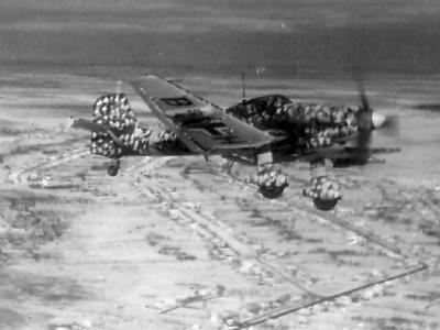 Junkers Ju 87 D-3 of StG 2 winter camouflage in flight