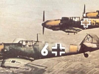 Messerschmitt Bf 109 fighters in flight during World War II