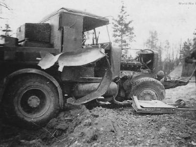 Destroyed Hanomag tractor of the 12 Panzer Division