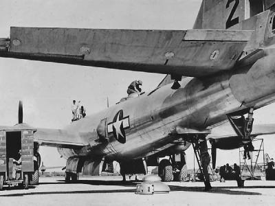 Ground crew at work on Boeing B-29 from XXI Bomber Command on Saipan