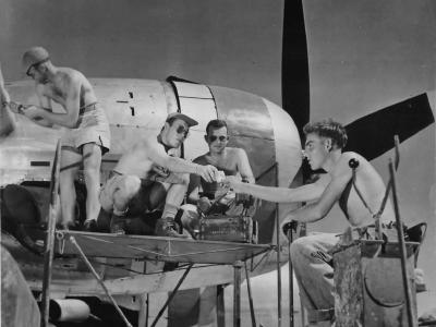 Boeing B-29 Crew Chats with Navy Seabees at Marianas Base