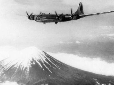 B-29 Superfortress V 46 of the 499th BG flies over Mount Fuji during World War II