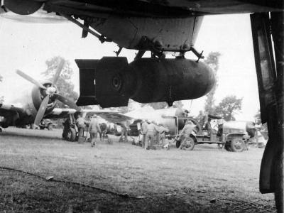 Bomb Hangs from USAAF P-47 Thunderbolt in Normandy France 1944