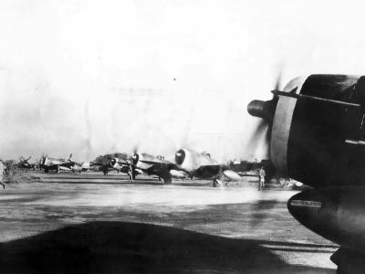 British P-47 Thunderbolts lined up on airfield in Burma 1944