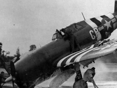 P-47D-20 Thunderbolt code CP-D of the 358th Fighter Group 367th Fighter Squadron with D-Day stripes