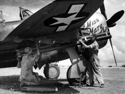 P-47D Thunderbolt of the 318th Fighter Group with bazooka rocket tubes Saipan 1944