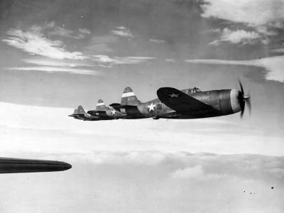 P-47 Thunderbolts of the 56th Fighter Group fly in formation 11 March 1943