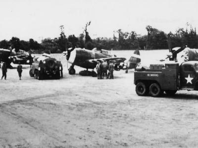 P-47 Thunderbolts of the 9th Air Force prepare for a mission in France