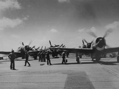 P-47 Thunderbolts on aircraft carrier 7AF