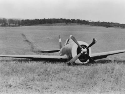 P-47 UN-X 41-6367 of the 63rd FS, 56th Fighter Group after a belly landing near Dunwich, 20 December 1943