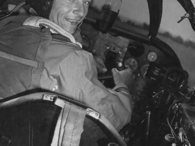 Lt Herman E Ernst pilot of the 9th AF P-61 Borrowed Time in the cockpit