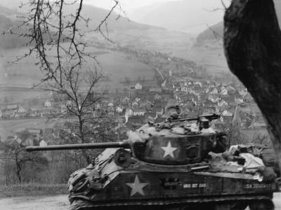 12th Armored Division M4A3 Sherman in Schneeburg Germany 1945