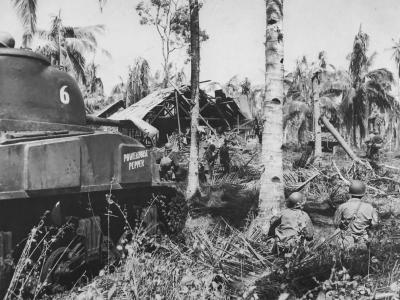 1st Cavalry Division Troops and M4 Sherman „6” with composite hull named Powerhouse Pepper on Leyte