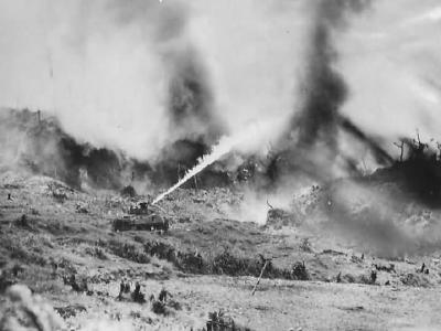 1st Division Marines and M4A3R3 Zippo Flame Throwing Tank on Okinawa