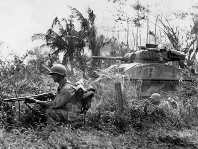 37th Infantry Division BAR Gunner and M4 Sherman Dozer with composite hull of the 775th Tank Battalion on Luzon 1945
