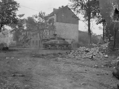 3rd Armored Division M4 Sherman and T2 Grant Recovery Vehicle Stolberg Germany 1945