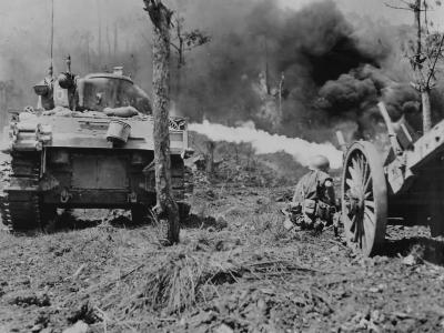 96th Division Soldier by M4 Sherman Flame thrower Tank on Okinawa