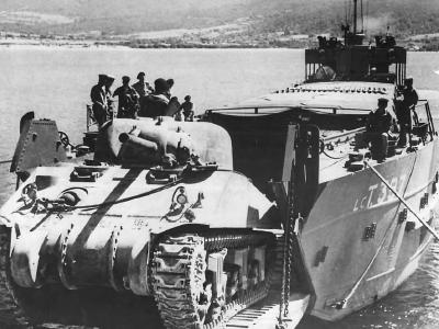 British Crew in LCT Loads M4 Sherman Tank on North African Coast