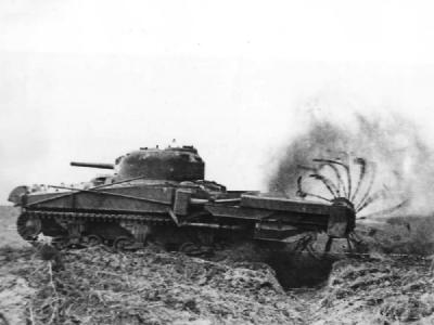 British M4 Sherman Crab Flail Tank Explodes Mines in Normandy 1944