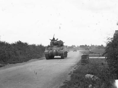 British M4 Sherman tank on country road England 1943
