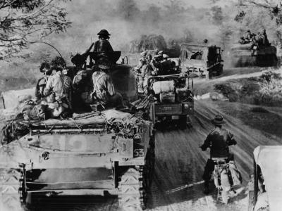 British M4 Sherman tanks and infantry advance to Meiktila Burma