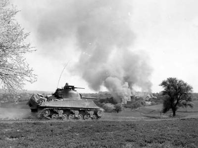 M4 Sherman 21st Tank Battalion 10th Armored division fighting near Gesselhardt Germany 1945