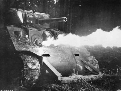M4 Sherman Crocodile flame tank of the 709th Tank Battalion in Action, Zweifall Germany 1944. November 24, 1944