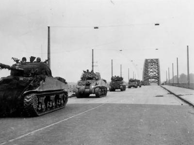 M4 Sherman tanks Nijmegen Holland during operation Market Garden 1944. 30th Corps, September 21, 1944