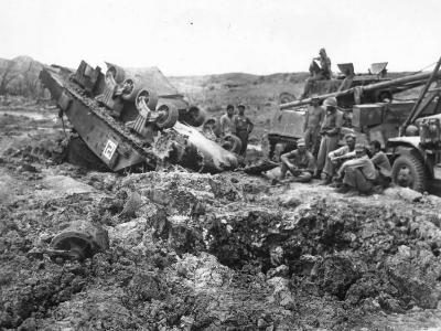 M4 Sherman Tank Overturned after Hitting Mine on Okinawa 1945
