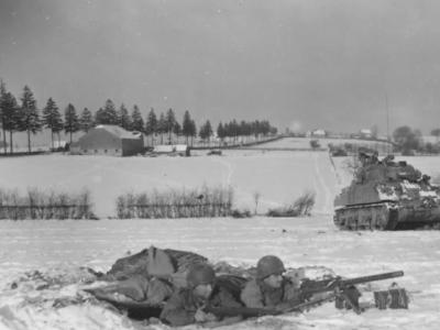 M4A3 Sherman of 4th Armored Division driving on Bastogne January 3, 1945