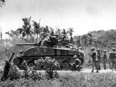 M4 Sherman tank with composite hull of the 775th Tank Battalion and Ohio National Guard engaged on Luzon Philippines 1945