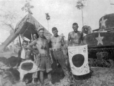M4 Sherman tank Crew With Captured Japanese Flags
