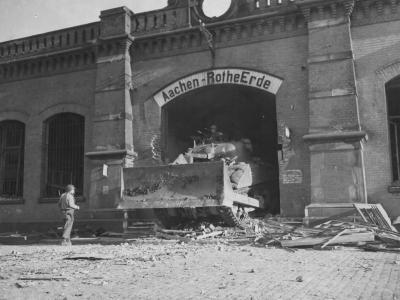 M4 Sherman with dozer blade, Aachen-RotheErde railroad station October 1944
