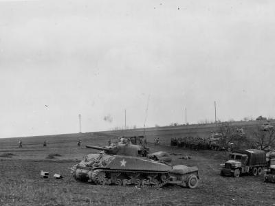 M4 Shermans 10th Armored Division M3 Halftracks 6×6 Trucks Trier Germany 1945