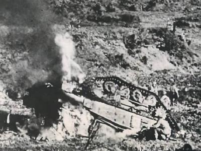 Marine M4 Sherman Tank Hits Land Mine on Okinawa