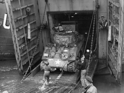Troops Unload M4 Sherman tank on D-Days Omaha Beach 1944
