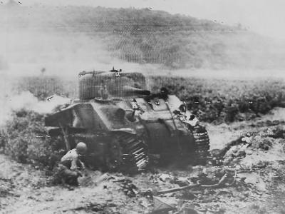 US M4 Sherman of the 756th Tank Battalion destroyed by German Flak 88 mm gun In France – 17 August 1944