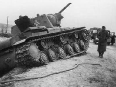 German tank KV-1 model 1941 (with screens), slipped off the road