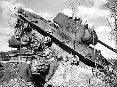 Destroyed KV-1 tank with cast turret