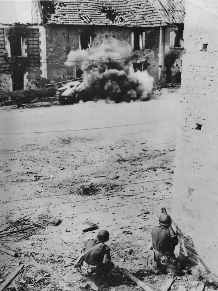 American Soldiers Blast German Tank with Bazooka in Normandy 1944