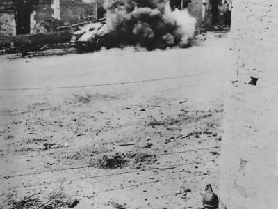 American Soldiers Blast German Tank with Bazooka in Normandy 1944