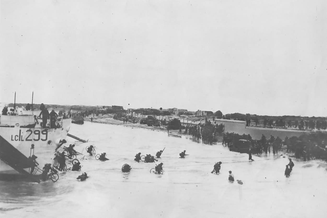 British Troops with Bicycles Land on Normandy Beach D-Day 1944