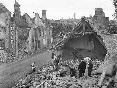 French Civilians and Firemen Start Reconstruction in Carentan Normandy 1944