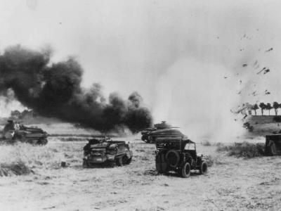 German mortar hits British truck Tilly Normandy 1944