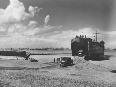 LST Ship Unloading Trucks D-Day Beach Normandy 1944