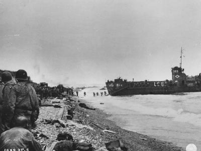 Landing craft at Normandy beach June 8 1944