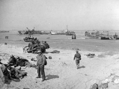 Scene on one of the invasion beache during force buildup operations in June 1944